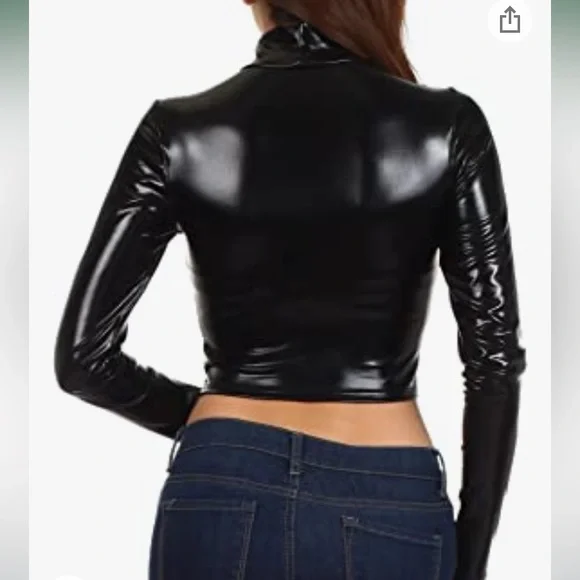 NWOT Undershirt Metallic Liquid Mock Neck Turtleneck Long Sleeve Crop Trendy Top - Picture 2 of 5